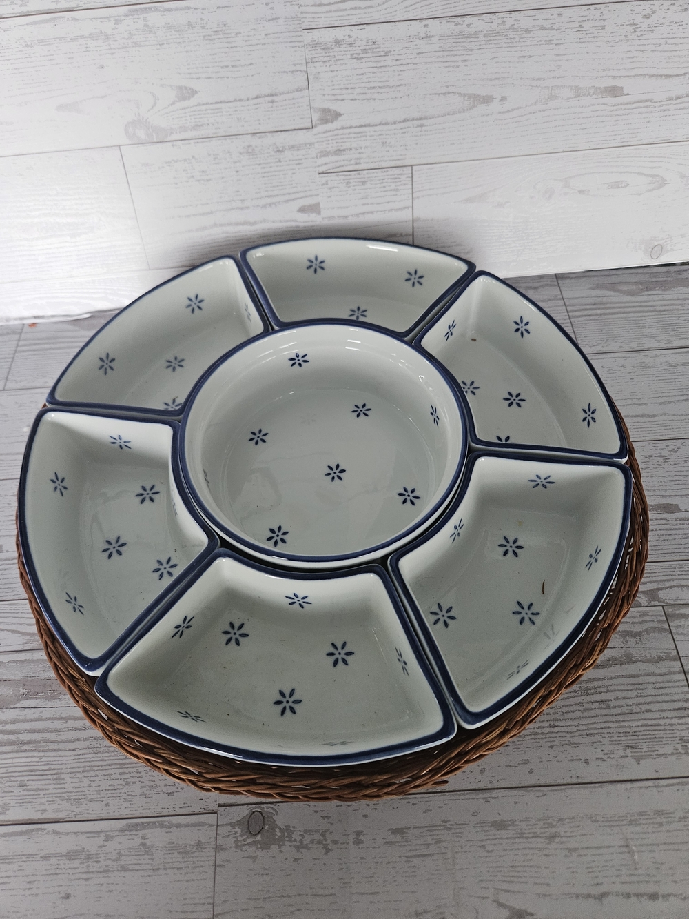 Ceramic Sectioned Serving Platter - White with Blue Trim Vintage
